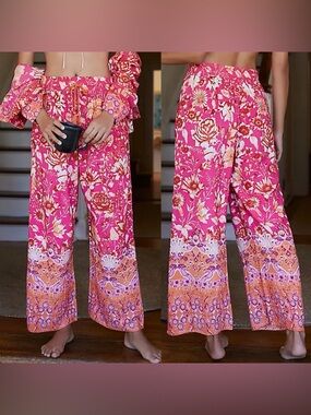 Anthropologie Kari Boho Floral Wide-Leg Wovne Pull-On Pants Small